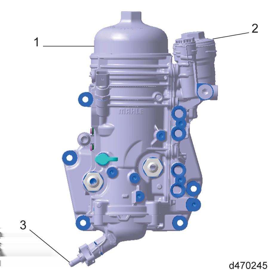 DD Platform EuroIV Operators Manual 1. Water in Fuel Separator(Coalescer/ Final Filter) Cap 2. Pre Filter Cap Figure 9. Fuel Filter Module Fuel Filters 3.