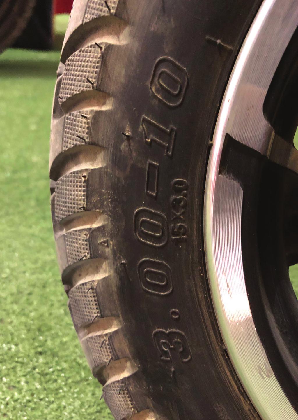 Tires Front and rear tire are identical, both a 3.00-10 tire. 10 inch diameter inside, by 3 inch wide. There are many options of tread pattern and style that you need consider if replacing your tire.