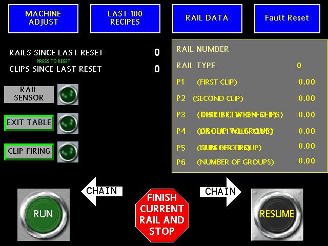 Home Screen Access all machine adjustments Quick access for the last 100 rail recipes run Access rail data (touching gray area also access rail data Press here to access the fault reset screen Press