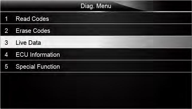 1. Scroll with the arrow keys to highlight Live Data from the menu. Figure 4-11 Sample Diag. Menu Screen 2. Press the ENTER key to display the live data menu.