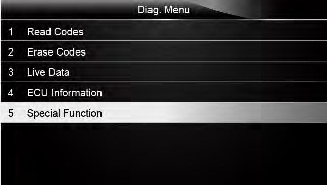 To perform special tests on a vehicle: 1. Scroll with the arrow keys to highlight the Special Function from the Diag. Menu and press the ENTER key. Figure 4-22 Sample Function Menu Screen 2.