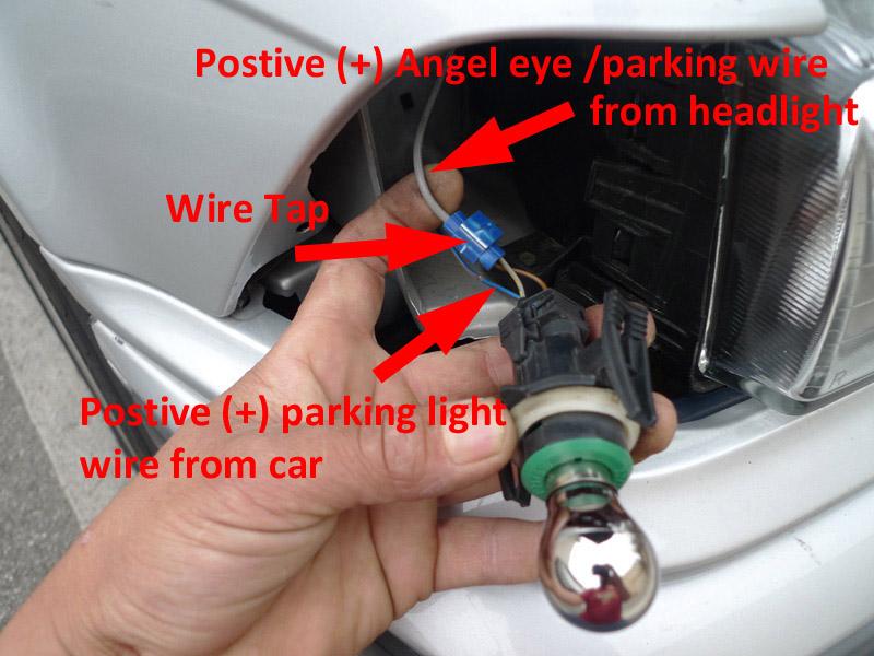 6. You will now need to power your angel eye rings. Be sure to use a wiretap (T-tap) to borrow power from your parking light to power your angel eye rings.