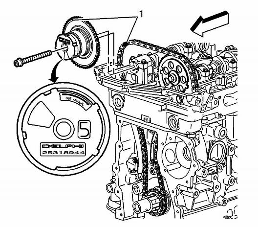 8. Install the exhaust camshaft actuator into the timing chain. Aligning the dark link (1) of the timing chain with the timing mark (1) on the exhaust camshaft position actuator sprocket.