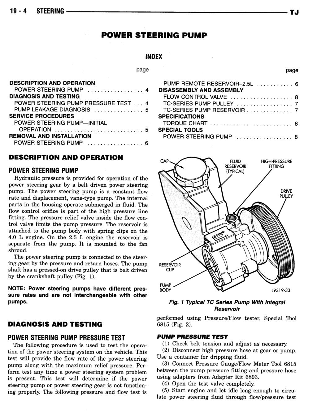 19-4 STEERING POWER STEERING PUMP INDEX page page DESCRIPTION AND OPERATION PUMP REMOTE RESERVOIR-2.5L........... 6 POWER STEERING PUMP.