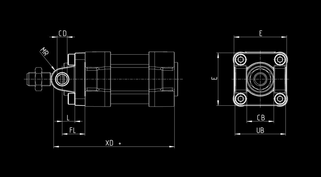 INTERNATIONAL STANDARD CYLINDERS > PNEUMATIC ACTUATION 2019 Front female trunnion Mod. H and C-H Material: Aluminium 1x female trunnion 4x screws Mod.