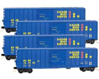 Scheduled July 2016 Release: 994 00 093, $79.95. Reporting Marks GVSR 767043, 767090, 767135, 767166. Quantity four of Fifty Foot Exterior Post Boxcars, Single Door, Golden West Service.
