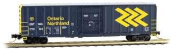 N SCALE REPRINTS: 027 00 041 and 027 00 042, $29.95 each. Reporting Marks: ONT 7412 and 7425. 50 Foot Steel Exterior Post Boxcars, Plug Door, Ontario Northland.