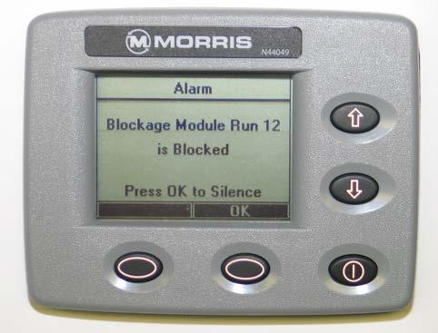 Blockage Alarms During seeding, if the blockage monitor senses a low seed count or does not see any seeds from a run sensor, an alarm will be displayed to show which runs