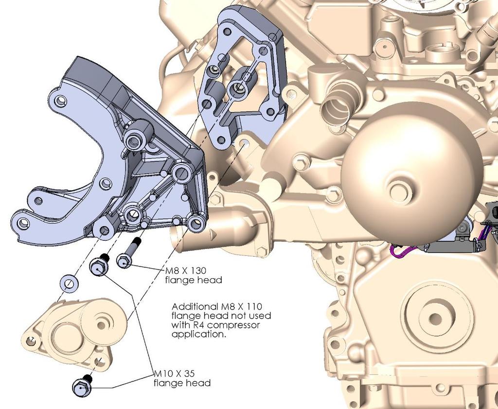 APPENDIX: If installing an R4 compressor and bracket, additional step are described below. Torque M8 bolts to 18 ft./lbs. and M10 bolts to 36 ft.
