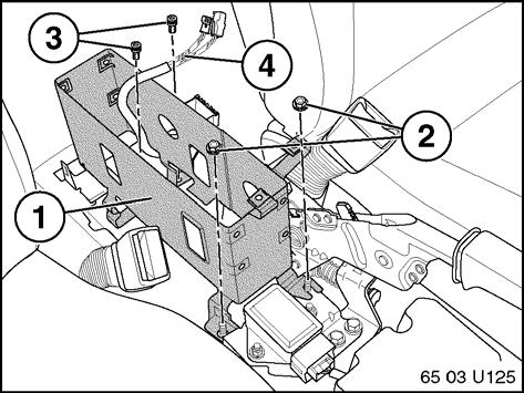 Locate and expose 3-pin I-BUS/Power connector and audio connectors (3) for CD Changer, which should be wrapped in felt padding secured below rear main bracket (4). 12.