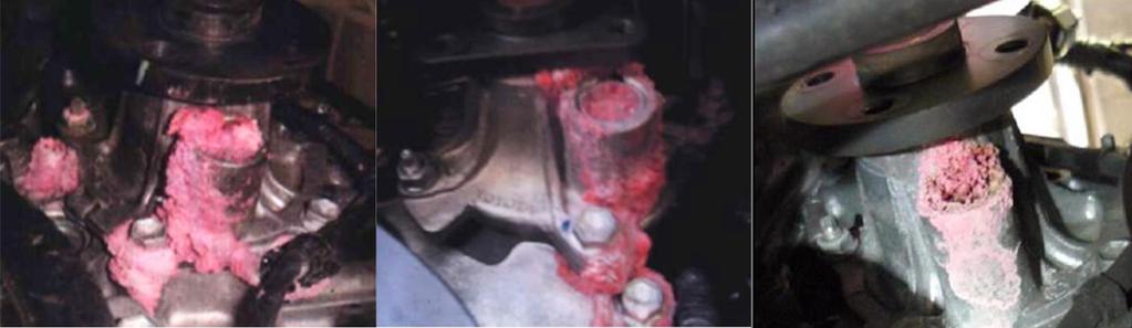 . Visually inspect the water pump and coolant level in the coolant reservoir. Replace the water pump if any of the following conditions exist: Figure 5. Current Leak Replace Water Pump. A.