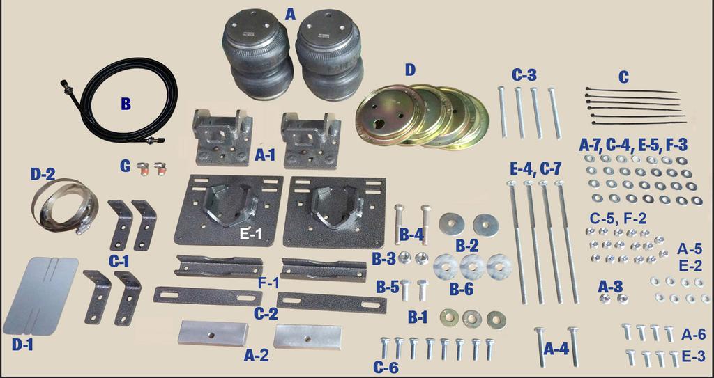 Make sure all the items shown in the photo are provided in your kit before starting the installation. NOTE: Do not apply air pressure to the air springs until advised to in Step 15.
