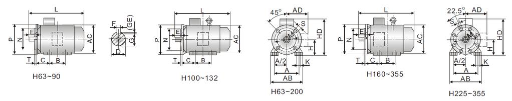 Outlines and mounting dimensions IM B5 Frame size Flange size Number of poles D E F G M N P R S T AC AD HF L 180M FF300 2,4,6,8 48 110 14 42,5 300 250 350 0±3,0 18,5 5 380 280 430 740 180L FF300