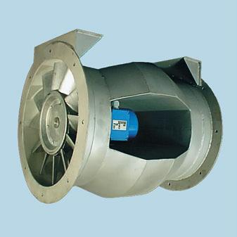 xial-flow Fan FH Construction ifurcated axial fan in tubular version, with motor placed in a chamber, isolated from the air stream. esign allows continuous transportation of gases with max. temp. C. Casing of rolled and electro-welded steel sheet, powder coated.