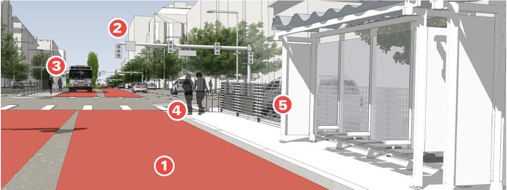 Van Ness BRT Experience Complete Design Plans 1 2 3 Full exclusive red-colored transit lanes New traffic signals w/ Transit Signal Priority optimized for north-south traffic 60-foot low-floor buses