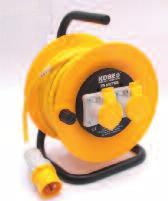 High impact resistant drum and guide walls. 25m cable. Conforms to BS 1363. Site Plugs & Sockets Rated to 16A over 6 hours.