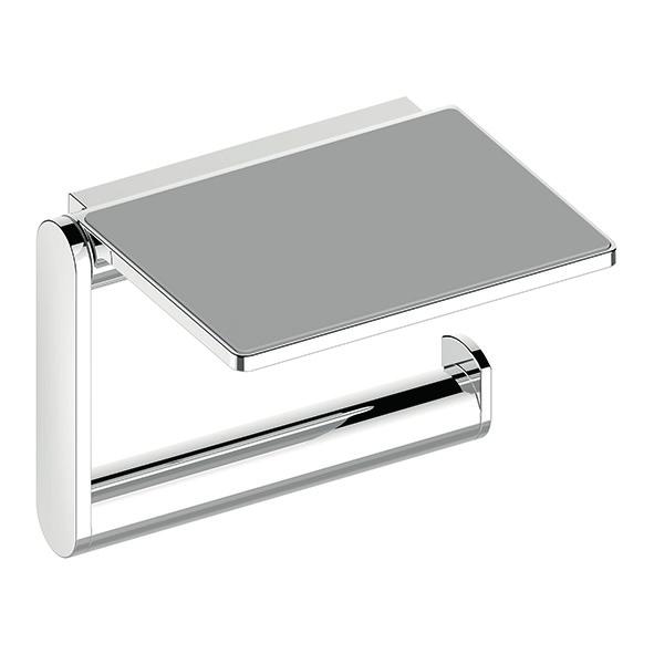 166 50 40 10 55 269 169 302 250 104 Toilet paper holder with shelf, open form for 100/120 mm wide paper rolls with anti-slip license in grey 14973 010000 chrome-plated 1 116.