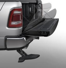 on the overhead console. C BED STEP Features an articulating arm that lowers down for easy access to the truck bed.