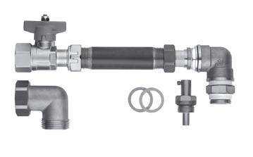 Return flow: Ball valve Rp 3/4-G 3/4 union nut with seal, double nipple 110 R 3/4, transition G 3/4 self-sealing to G 3/4 union nut with seal, 90 angle Rp 3/4, double