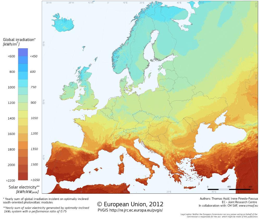 Photovoltaic solar electricity potential in European countries