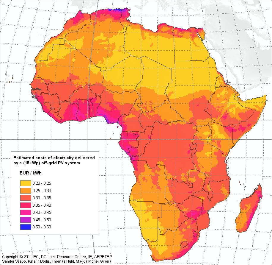 The electricity production cost calculated for a 15 kwp off-grid PV System in Africa» The electricity production cost ranges from 0.2 up to 0.