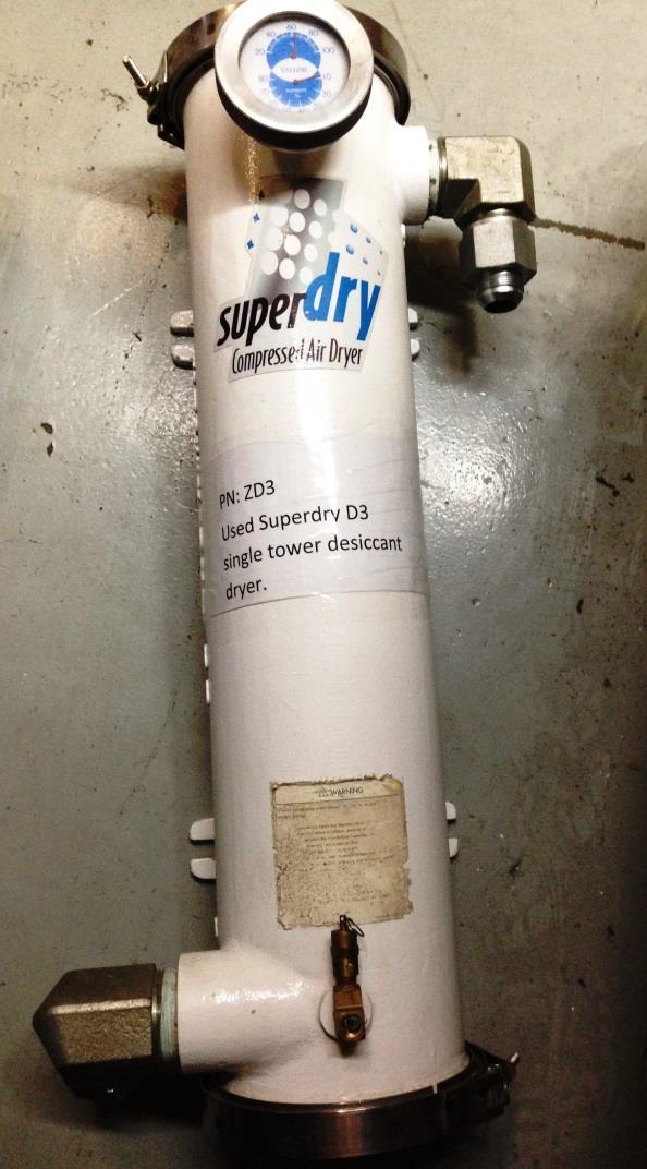 Qty 1 Desiccant Air Dryer SuperDry D-3 Max. Pressure: 150 psig 200 cfm @ 100 psig Dimensions: 6 (W) x 34 (H) Weight: 75 lbs.