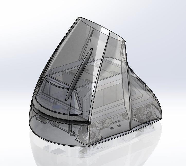 21 depicts the first design of the robot inner platform base structure inside a conceptual shell base, allowing to have an idea of volume and already the required cut on the shell for