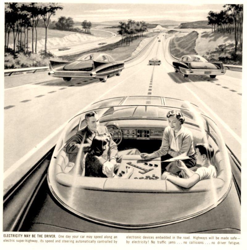 Beyond PATH automated road + Publicity by Carolina Power & Light Company, in Wilmington News, 18 january 1956 : One day your car may speed along an electric super highway, its speed and