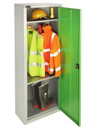 One, 180mm high, full width compartment at the top of the locker and a vertical compartment fitted with a double coat hook.