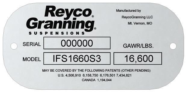 The serial number is used by Reyco Granning LLC for control purposes and should be referred to when servicing
