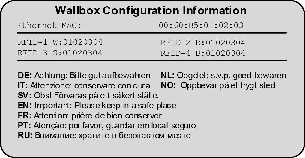 CONFIGURATION This configuration label is supplied in a bag together with the RFID cards. Note Keep this label safe.