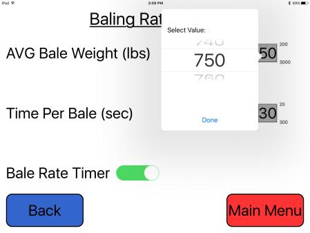 Baling Rate Settings Round Balers 2 3 4. On the setup mode screen press the BALING RATE SETUP key. 2. Press the grey number value to the right of AVG Bale Weight (Lbs).