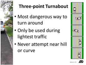 Turning Around Materials and Resources Part 4 continued Turning Around Slide 6.35 Slide 6.35: Three-point Turnabout Discuss the basic concepts of a threepoint turnabout on the street.