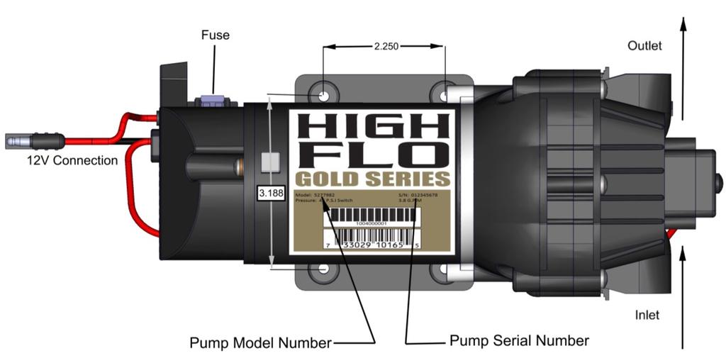 4 Amps @ 40 PSI Viton Wetted Parts Housing: Polypropylene Diaphragm: Liquid Temperature: GPM=Gallons Per Minute PSI=Pounds per Square Inch DC=Direct Current Santoprene 130 F max.