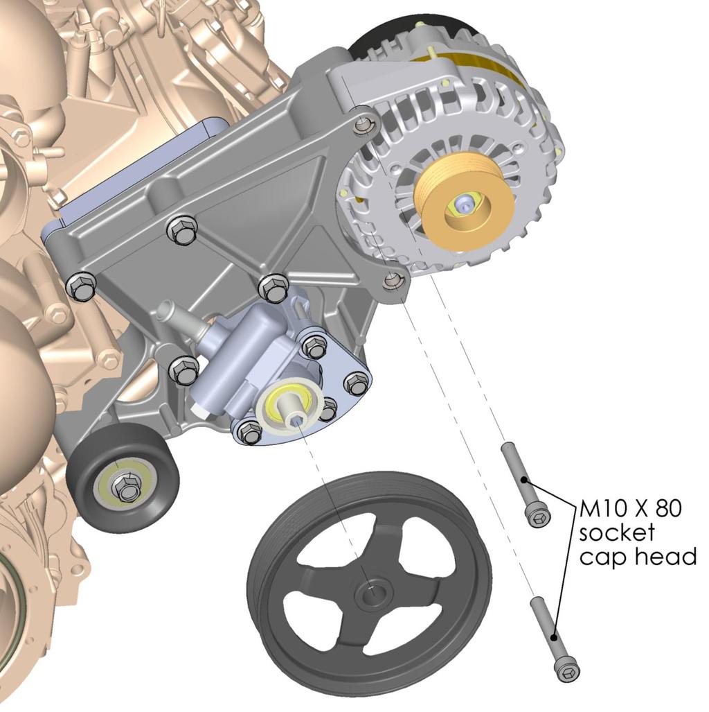 P/S Pulley & Alternator Installation: NOTE: Torque M8 bolts to 18 ft./lbs. and M10 bolts to 36 ft./lbs. The P/S pulley must be installed using an installation tool that can be rented at most auto parts stores.