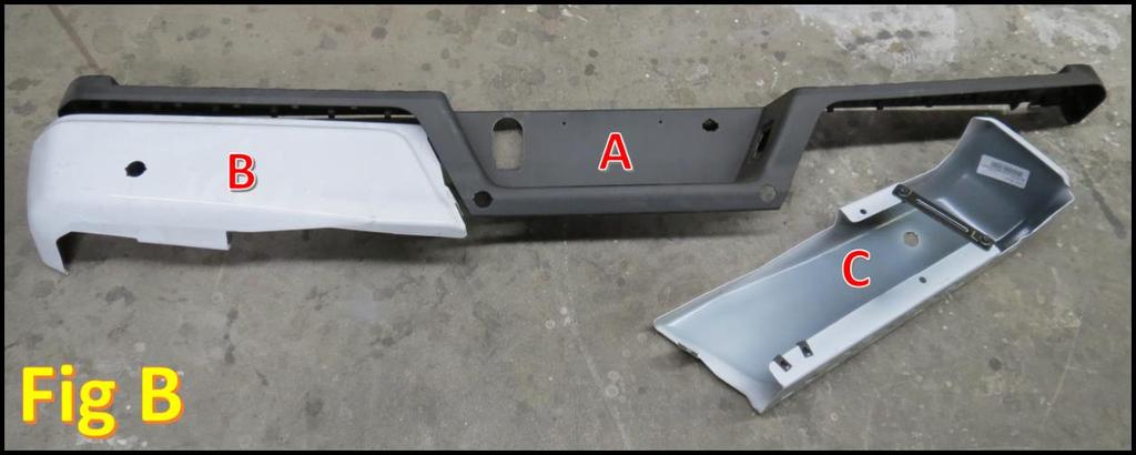 6. Pull the black plastic piece off of the top of the rear bumper. There are no tools necessary for this step, it should pull off by hand. This part has been labeled as A in Fig B. 7.