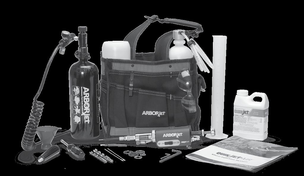 Parts of the QUIK-jet Air Kit Kit Includes: 1 QUIK-jet Air device (070-2355) 1 Liter supply bottle (010-9022) 1 Air tank (975-00183) 1 Carrying bag with shoulder strap