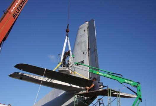 In 2014, the rudder, elevators and ailerons, each the size of a small airplane wing, were removed and trucked to Hagerstown.