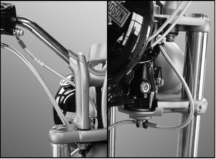 Electrical Ground Lug Mounting (Dyna Models and FX Softails except FXCW and FXCWC) 7. Upper brake line. Right-side handlebar riser. Middle opening of upper triple clamp. Lower triple clamp.