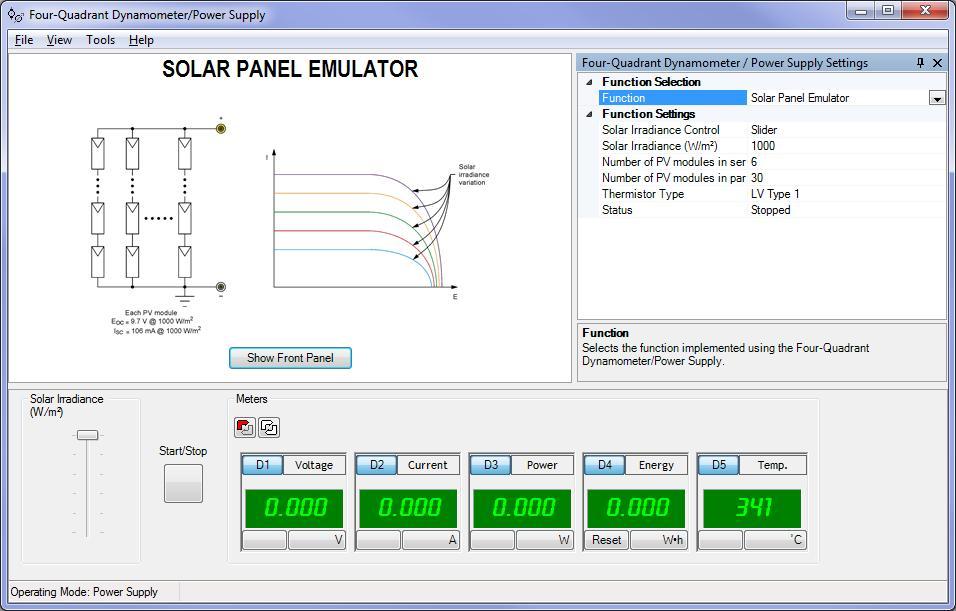 Solar Panel Emulator Function Set 581440 (8968-60) The Solar Panel Emulator Function Set is a function that can be activated in the Four-Quadrant Dynamometer/ Power Supply, Model 8960-2, enabling the