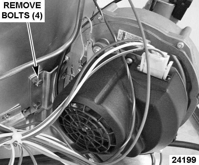 The gas valve/ blower design allows natural and propane gas kettles to use the same orifice size. Labels for gas type are also included. Fig. 11 4. Remove electrical connectors (2) from blower. 5.