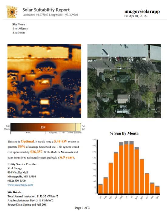 Other Options: Rooftop Solar The Minnesota Solar Suitability App displays solar insolation and solar photovoltaic (PV) potential