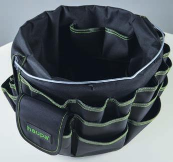 220313 460 x 280 x 40 mm 360 220299 Tool bag for hanging up/covering in a commercially available 10L bucket, 30 exterior pockets/ compartments, 14 inner pockets/compartments, 1 hammer loop, 1 loop