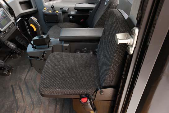 Easy-to-reach seat levers and controls for six way adjustments. Seat-mounted implement pod and STIC steer that moves with the seat.