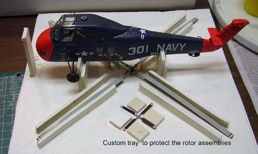 Main rotor blades were painted Model Master enamel flat gull gray #1730 FS36440 and Polly Scale Steam Power Black #F414110. Tops were gray and bottoms were black.
