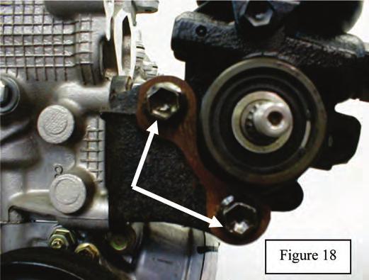 Remove the two bolts that secure the power steering pump to the pump bracket. See Figure 18.
