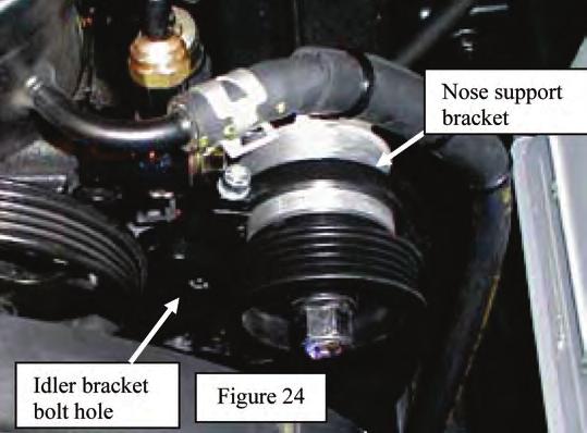 Installation of the Supercharger 45. When installing the supercharger, the supercharger drive pulley and snout slides under the power steering pump return hose. See Figure 24.