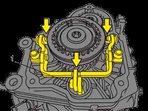 To do this, press selector sleeve fifth gear (1) downwards, push in selector shaft (2) and rotate anti-clockwise (3).
