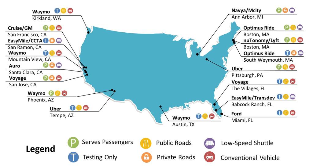 Shared Automated Vehicle (SAV) Pilots As of February 2018, there were 16 active SAV pilots across eight states around the