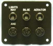 PANELS THREE SWITCH PANEL STOCK Panel features toggle switches and panel mount fuses. This unit is engraved with Nav/Anc Lights, Bilge, and Aerator.